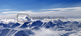 Panorama of snow plateau and sunlight sky in evening