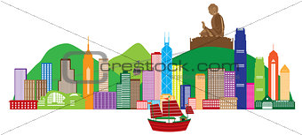 Hong Kong Skyline and Buddha Statue Color Illustration