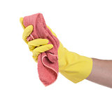 Hand wearing rubber glove and hold rag(mop)