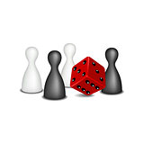Board game figures in black and white design and red dice