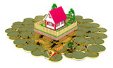 Residential house and gold coins.