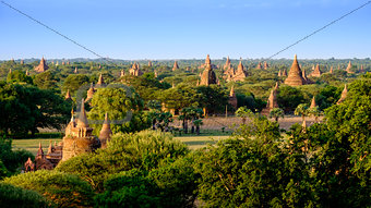 Colorful sunset landscape view with old temples, Bagan, Myanmar