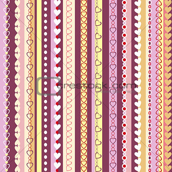 Decorative seamless pattern with  vertical stripes and hearts