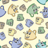 Seamless pattern with tea pots and cups