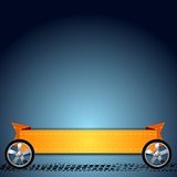 Wheels, grunge tire track and orange ribbon abstract background