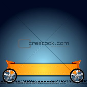 Wheels, grunge tire track and orange ribbon abstract background
