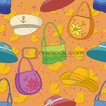 Seamless background, handbags and hats
