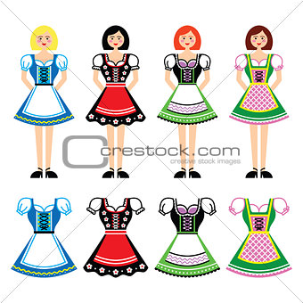 Women in Dirndl - traditional dress worn in Germany and Austria icons set