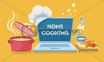Home food cooking online recipes with laptop