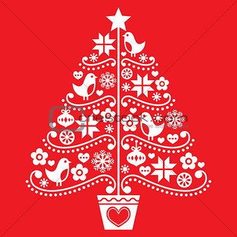 Christmas tree design - folk style with birds, flowers and snowflakes