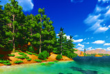 Forested shore over ocean