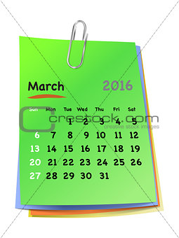 Calendar for march 2016 on colorful sticky notes