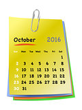 Calendar for october 2016 on colorful sticky notes