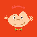 Flat funny monkey with a green butterfly on an orange background