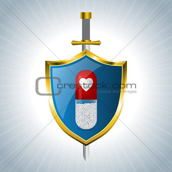 Medicine advertising background with capsule on shield