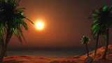 3D landscape of a sunset beach with palm trees