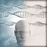 3D medical background with DNA strands and male face with some i