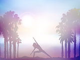 Female in yoga pose in summer palm tree landscape with retro eff