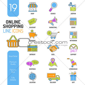 Online Shopping Thin Lines Color Web Icon Set