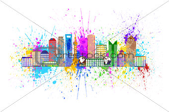 Shanghai City Skyline Splatter Color Illustration