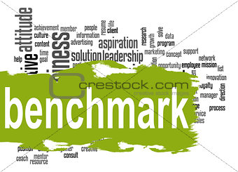 Benchmark word cloud with green banner