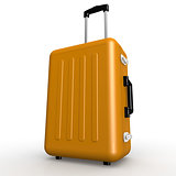 Orange luggage stands on the floor