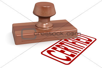 Wooden stamp certified with red text