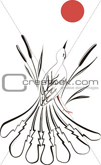 Bird looking at the moon in the reeds. EPS10 vector illustration