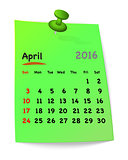 Calendar for april 2016 on green sticky note
