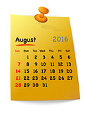 Calendar for august 2016 on orange sticky note