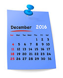 Calendar for december 2016 on blue sticky note