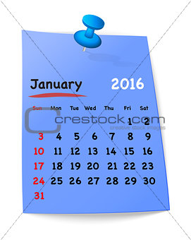 Calendar for january 2016 on blue sticky note