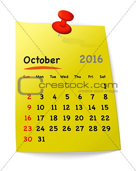 Calendar for october 2016 on yellow sticky note