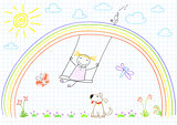 Happy girl on swing on rainbow