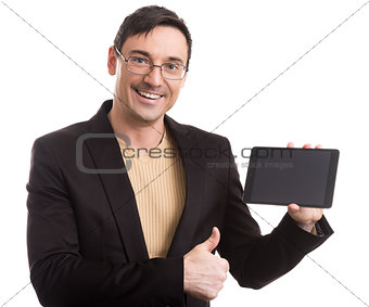 Businessman holding touch screen tablet pc