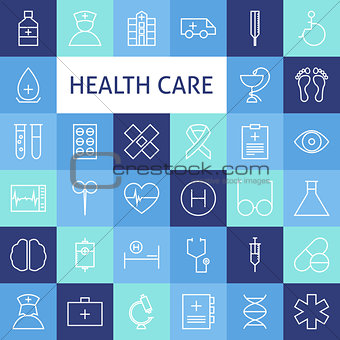 Vector Flat Line Art Modern Healthcare and Medicine Icons Set