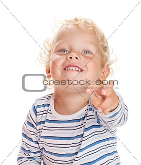Happy baby shows his finger forward