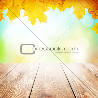 Autumn nature background with maple leaves, wooden table