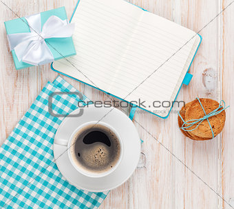Gift box, coffee, cookies and notepad