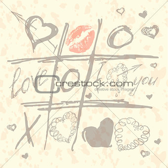 vector Tic Tac Toe Hearts, Valentine background. The valentines day. Love heart. Hand drawn icons symbols.
