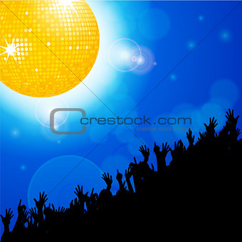Disco ball with crowd over blue glowing background