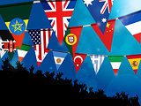 World bunting flags with crowd over blue background