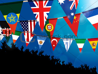 World bunting flags with crowd over blue background
