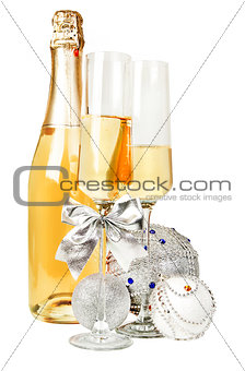 Champagne sparkling wine and new year silver composition