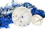 Christmas blue tinsel and blue with white glitter balls