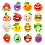 Funny Cartoon Fruits and Vegetables with Different Emotions