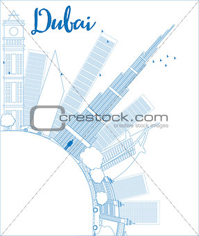 Outline Dubai City skyline with blue skyscrapers and copy space