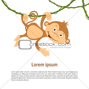 Flat funny brown monkey on liana on a white background. Vector.