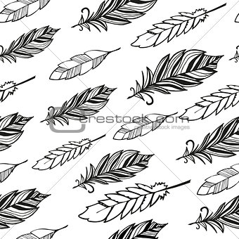 Seamless pattern. Hand drawn bird black feathers.