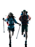 couple trekker trekking running happy silhouette